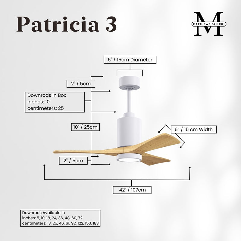 Matthews Fans Patricia 3 42in 3-Blade LED Ceiling Fan | Contemporary Gloss White and Light Maple | Bedroom & Living Room | Model PA3-WH-LM-42