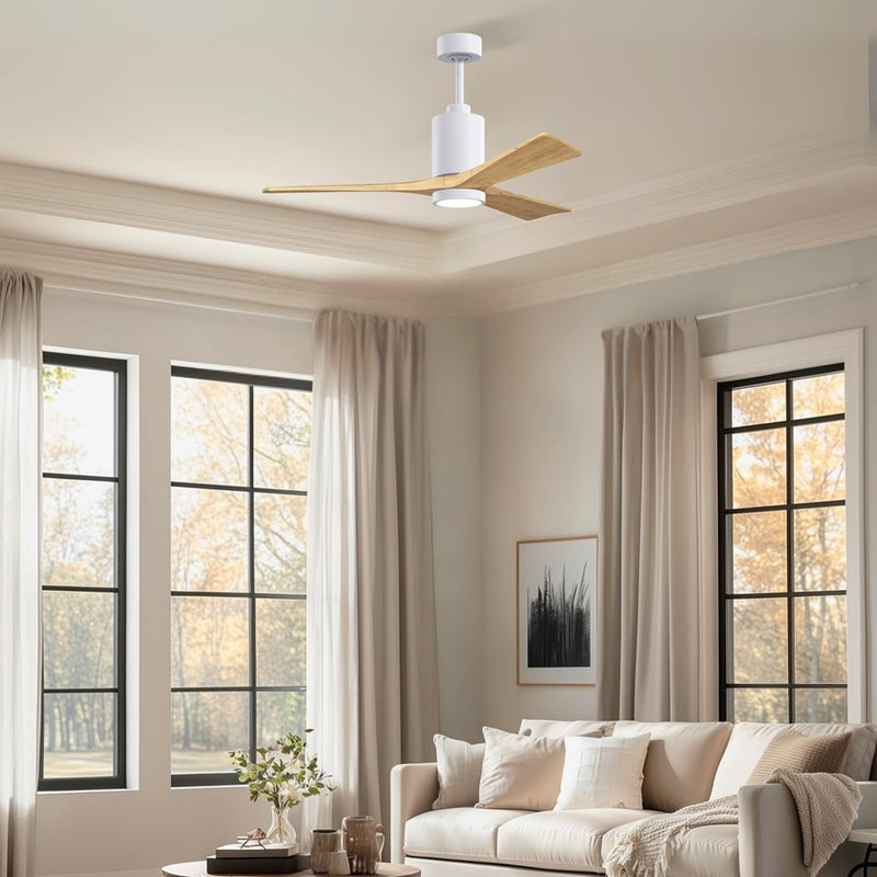 Matthews Fans Patricia-3 52in 3-Blade Ceiling Fan | Contemporary Gloss White and Light Maple Wood | Great Rooms & Open Living | Model PA3-WH-LM-52