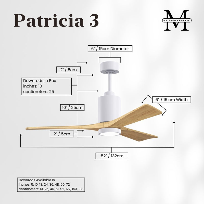 Matthews Fans Patricia-3 52in 3-Blade Ceiling Fan | Contemporary Gloss White and Light Maple Wood | Great Rooms & Open Living | Model PA3-WH-LM-52