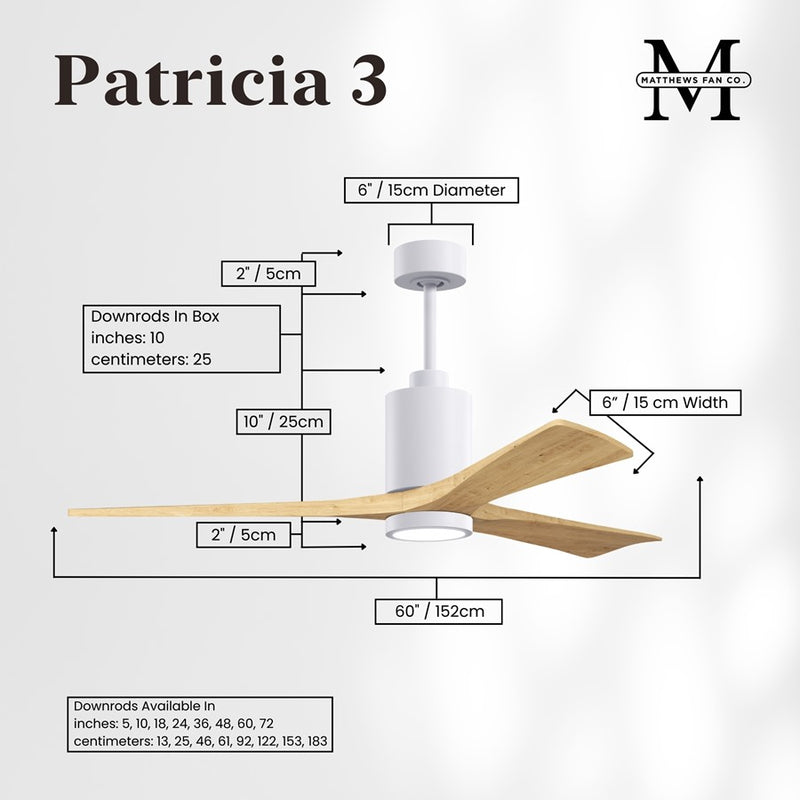 Matthews Fans Patricia-3 60in 3-Blade Ceiling Fan | Contemporary Gloss White and Light Maple Wood | Great Rooms & Open Living | Model PA3-WH-LM-60