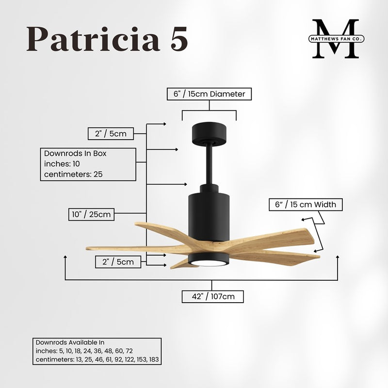 Matthews Fans Patricia-5 42in 5-Blade Ceiling Fan | Contemporary Matte Black and Light Maple Tone Solid Wood Blades | Covered | Model PA5-BK-LM-42