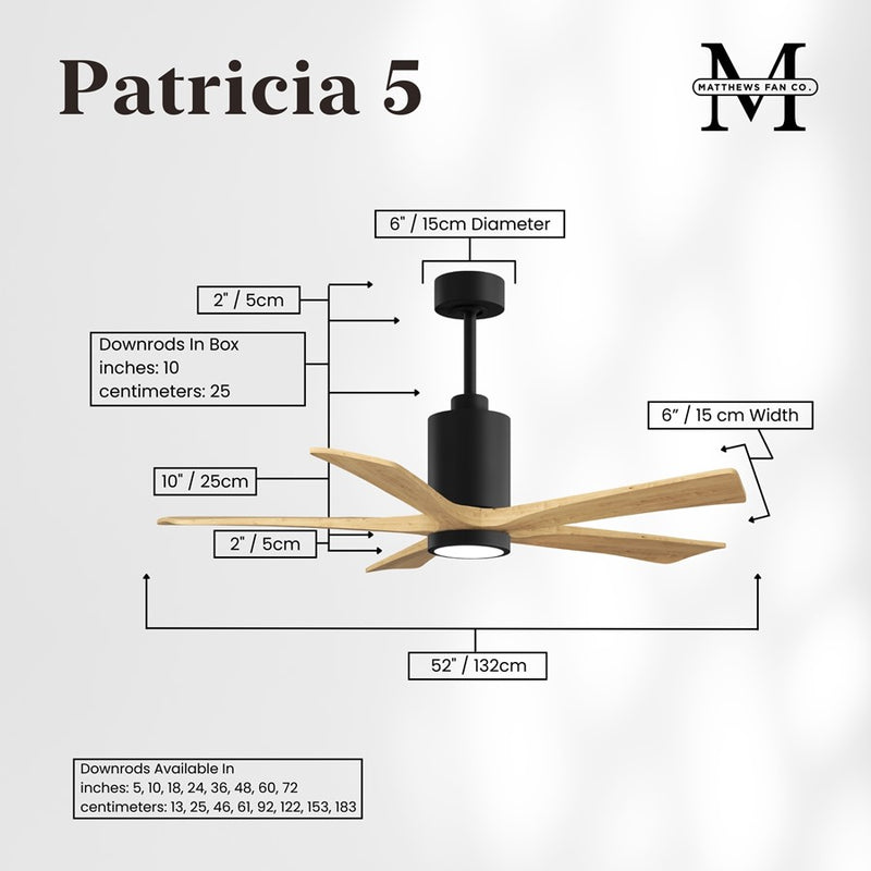 Matthews Fans Patricia-5 52in 5-Blade Ceiling Fan | Contemporary Matte Black and Light Maple Tone Solid Wood Blades | Covered | Model PA5-BK-LM-52