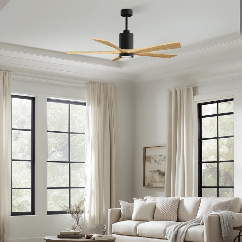 Matthews Fans Patricia-5 60in 5-Blade Ceiling Fan | Contemporary Matte Black and Light Maple Tone Solid Wood Blades | Covered | Model PA5-BK-LM-60