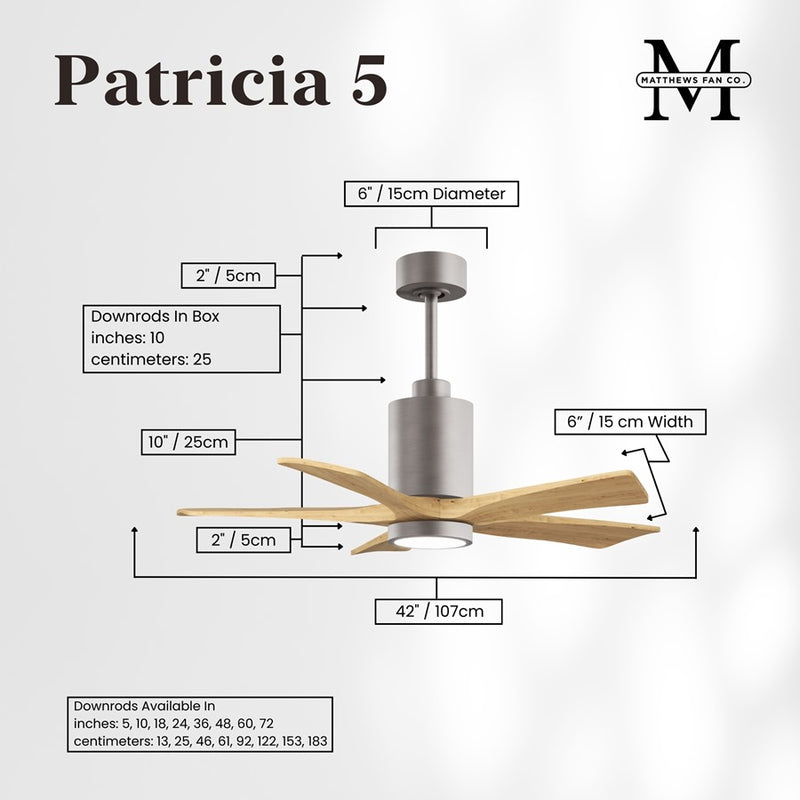 Matthews Patricia 5 42in 5-Blade Ceiling Fan | Brushed Nickel and Light Maple Solid Wood | Bedroom & Home Office | Model PA5-BN-LM-42