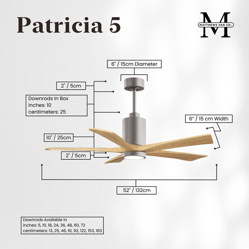 Matthews Patricia 5 52in 5-Blade Ceiling Fan | Brushed Nickel and Light Maple Solid Wood | Large Living Room & Family Room | Model PA5-BN-LM-52