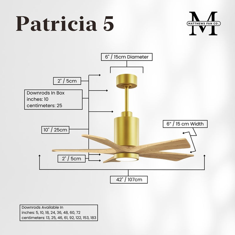 Matthews Fans Patricia-5 42in 5-Blade LED Ceiling Fan | Brushed Brass and Light Maple Solid Wood | Bedroom & Home Office | Model PA5-BRBR-LM-42