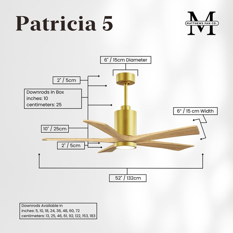 Matthews Fans Patricia-5 52in 5-Blade LED Ceiling Fan | Brushed Brass and Light Maple Solid Wood | Living Room & Bedroom | Model PA5-BRBR-LM-52
