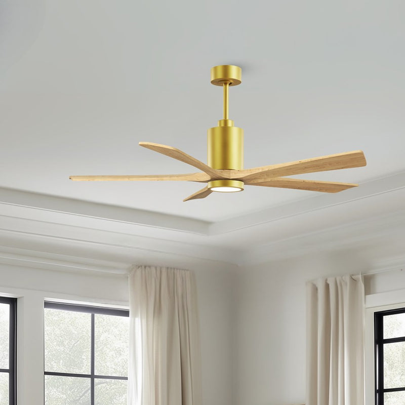 Matthews Patricia-5 60in 5-Blade Ceiling Fan | Brushed Brass and Light Maple Solid Wood | Great Rooms & Open Living | Model PA5-BRBR-LM-60