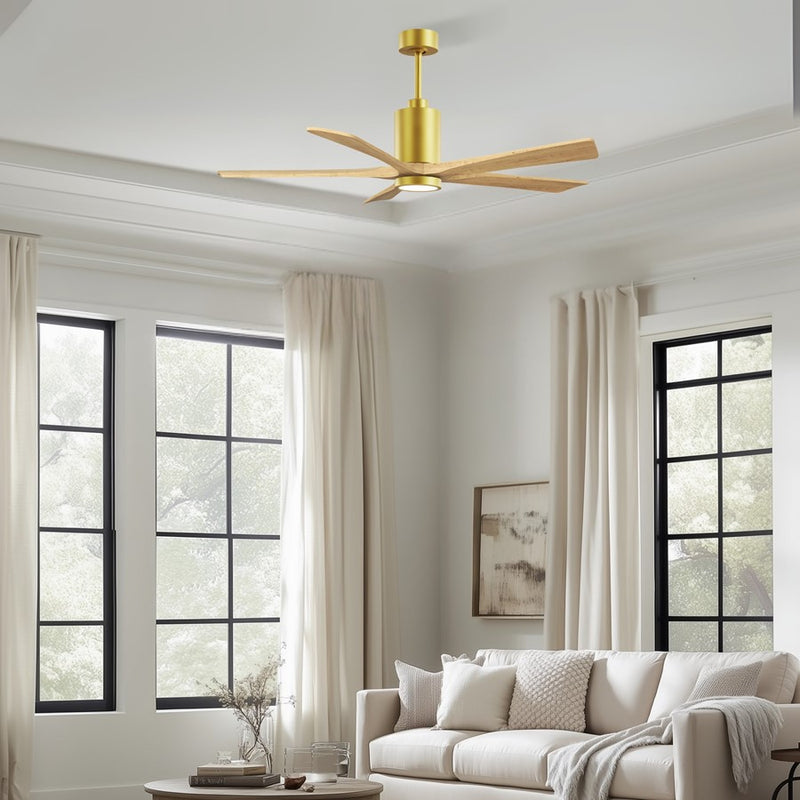Matthews Patricia-5 60in 5-Blade Ceiling Fan | Brushed Brass and Light Maple Solid Wood | Great Rooms & Open Living | Model PA5-BRBR-LM-60