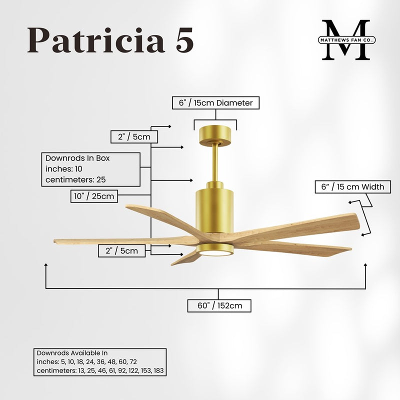 Matthews Patricia-5 60in 5-Blade Ceiling Fan | Brushed Brass and Light Maple Solid Wood | Great Rooms & Open Living | Model PA5-BRBR-LM-60