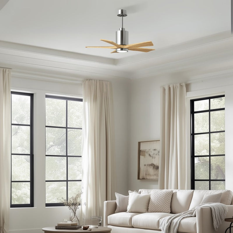 Matthews Patricia 5 42in LED Ceiling Fan | Polished Chrome and Light Maple Wood Blades | Bedroom & Home Office | 42 x 42 x 14 in | Model PA5-CR-LM-42