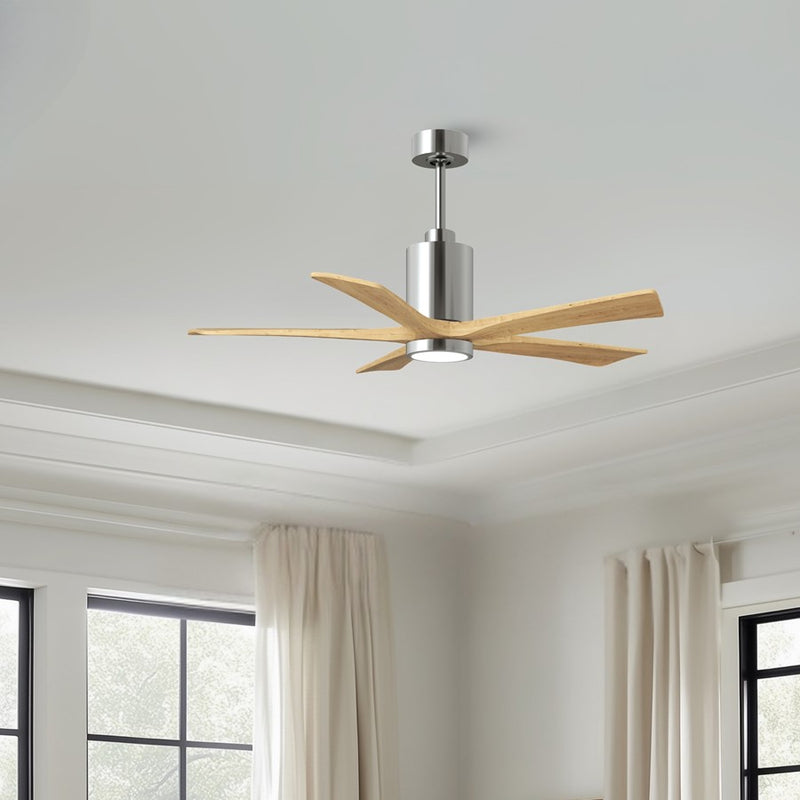 Matthews Patricia 5 52in LED Ceiling Fan | Polished Chrome and Light Maple Wood Blades | Living Room & Family Room | Model PA5-CR-LM-52