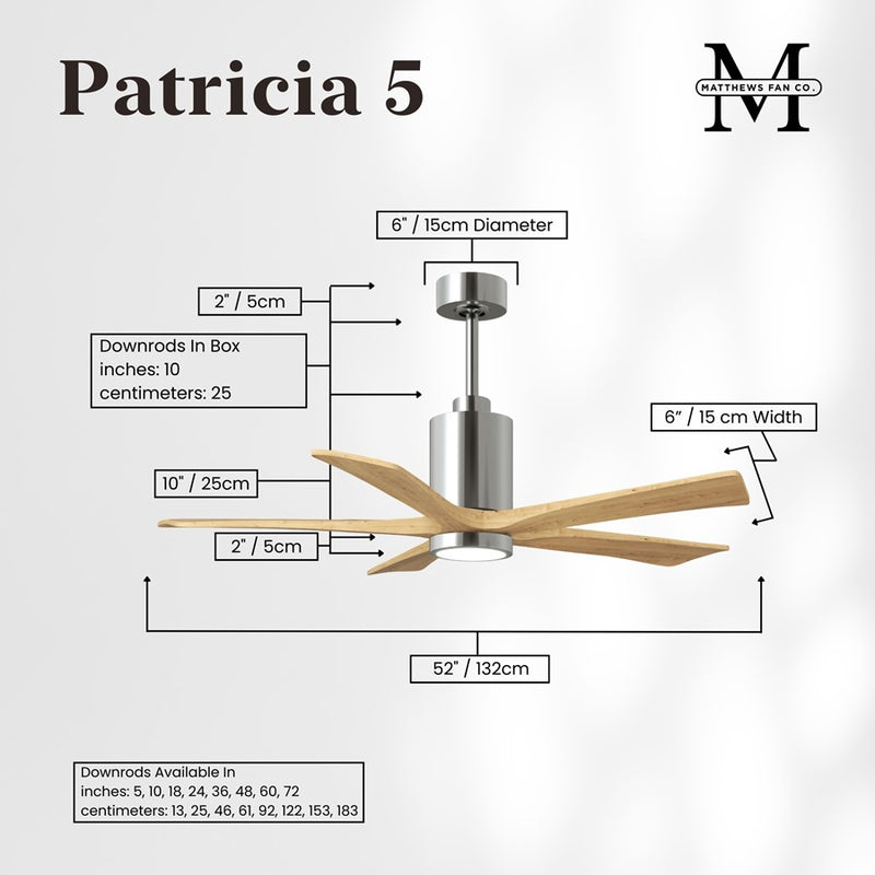 Matthews Patricia 5 52in LED Ceiling Fan | Polished Chrome and Light Maple Wood Blades | Living Room & Family Room | Model PA5-CR-LM-52
