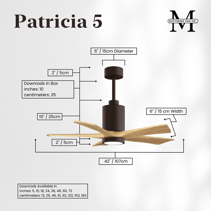 Matthews Fans Patricia 5 42in LED Ceiling Fan | Textured Bronze and Light Maple Solid Wood Blades | Bedroom & Covered Patio | Model PA5-TB-LM-42