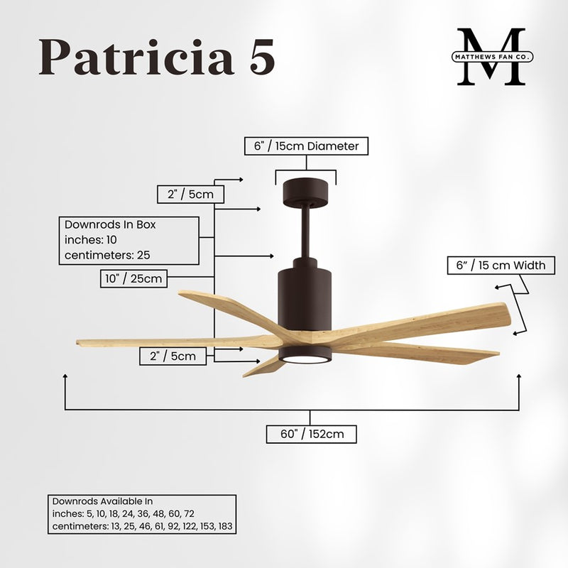Matthews Fans Patricia-5 60in 5-Blade Ceiling Fan | Textured Bronze and Light Maple Wood | Great Room & Open-Concept Living | Model PA5-TB-LM-60