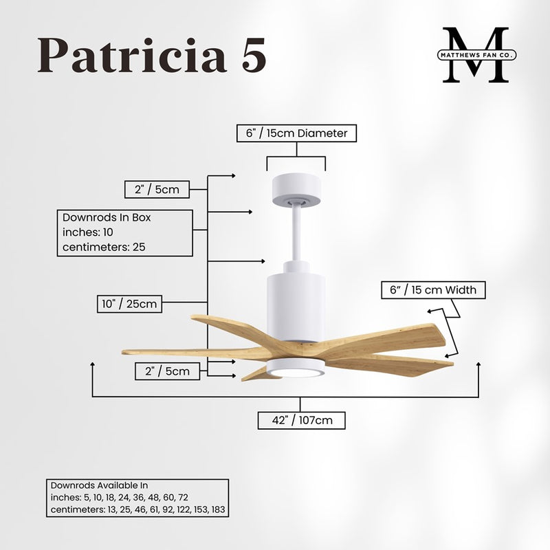Matthews Fans Patricia-5 42in 5-Blade Ceiling Fan | Contemporary Gloss White and Light Maple Solid Wood | Bedrooms & Covered | Model PA5-WH-LM-42