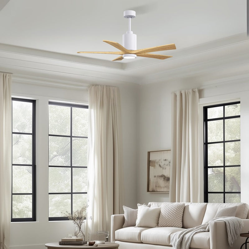 Matthews Fans Patricia-5 52in 5-Blade Ceiling Fan | Contemporary Gloss White and Light Maple Solid Wood | Living Rooms & Covered | Model PA5-WH-LM-52