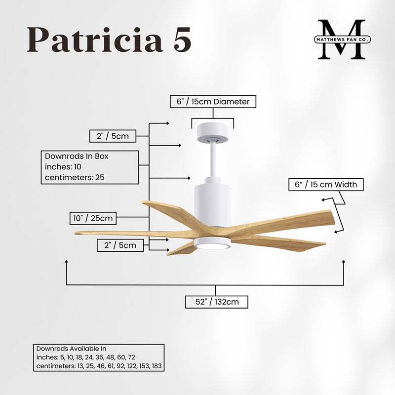Matthews Fans Patricia-5 52in 5-Blade Ceiling Fan | Contemporary Gloss White and Light Maple Solid Wood | Living Rooms & Covered | Model PA5-WH-LM-52