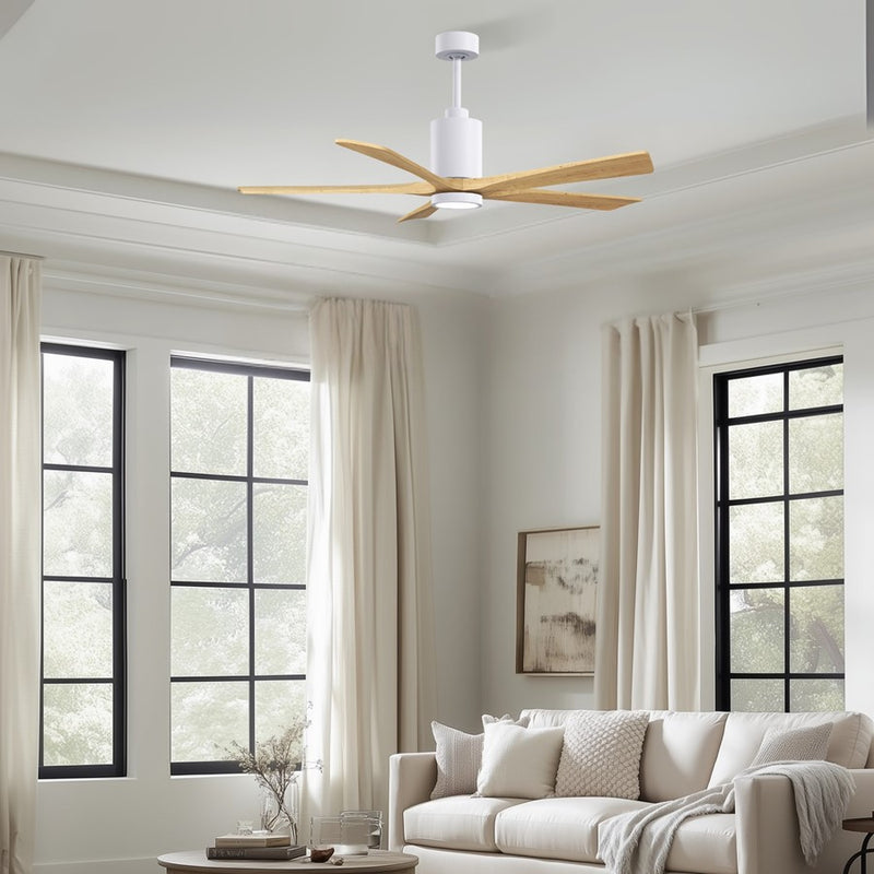 Matthews Fans Patricia-5 60in 5-Blade Ceiling Fan | Contemporary Gloss White and Light Maple Solid Wood | Great Rooms & Covered | Model PA5-WH-LM-60