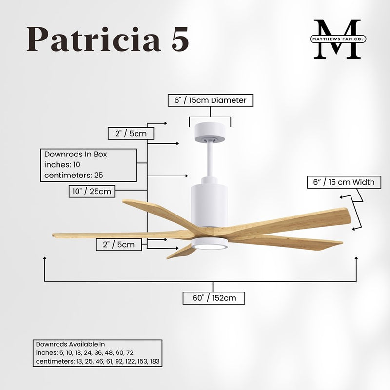 Matthews Fans Patricia-5 60in 5-Blade Ceiling Fan | Contemporary Gloss White and Light Maple Solid Wood | Great Rooms & Covered | Model PA5-WH-LM-60