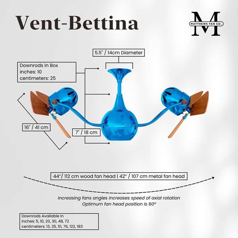 Matthews Fans Vent Bettina 44in Rotational Ceiling Fan | Agua Marinha and Mahogany Wood Blades | Covered Patio & Living Room | Model VB-LTBLUE-WD