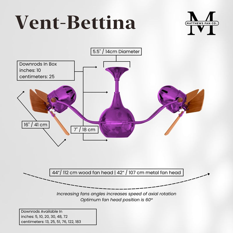 Matthews Fans Vent Bettina 44in Rotational Ceiling Fan | Ametista and Mahogany Wood Blades | Covered Patio & Living Room | Model VB-LTPURPLE-WD