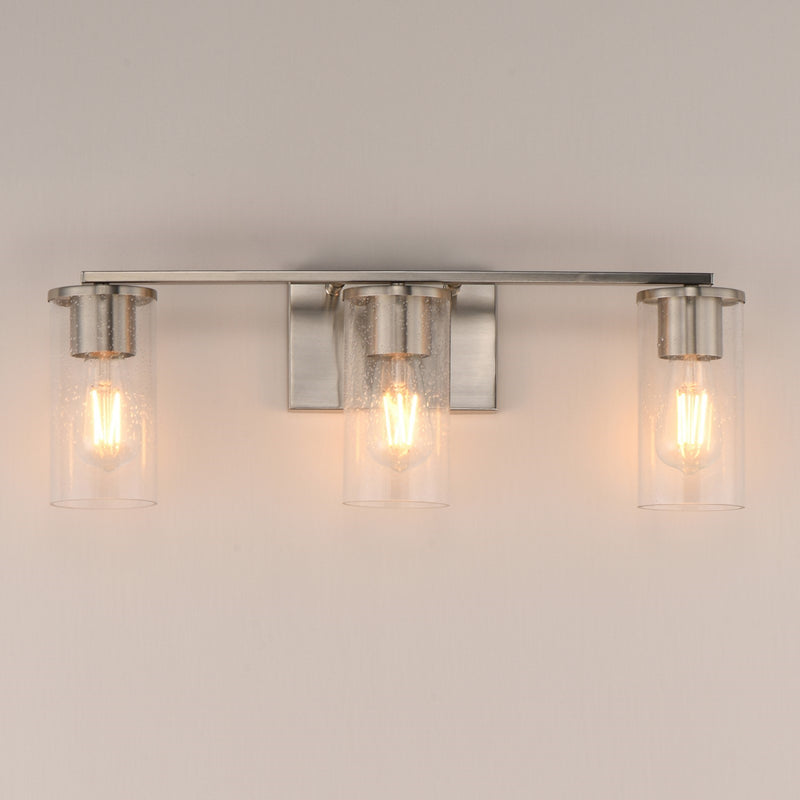 Maxim Livingston 23in 3-Light Bath Vanity | Modern Satin Nickel and Clear Seeded Glass | Bathroom Vanity & Powder Room | Model 10463CDSN