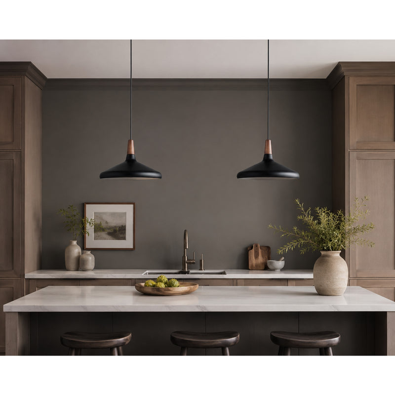 Maxim Nordic 15in 1-Light Pendant | Mid-Century Walnut and Black Aluminum | Kitchen Island & Dining Room | 15 x 15 x 9 in | Model 11354WNBK
