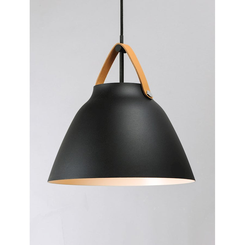 Maxim Lighting Nordic 14in 1-Light Pendant | Modern Tan Leather and Black Aluminum Shade | Kitchen Island & Dining Room | Model 11356TNBK