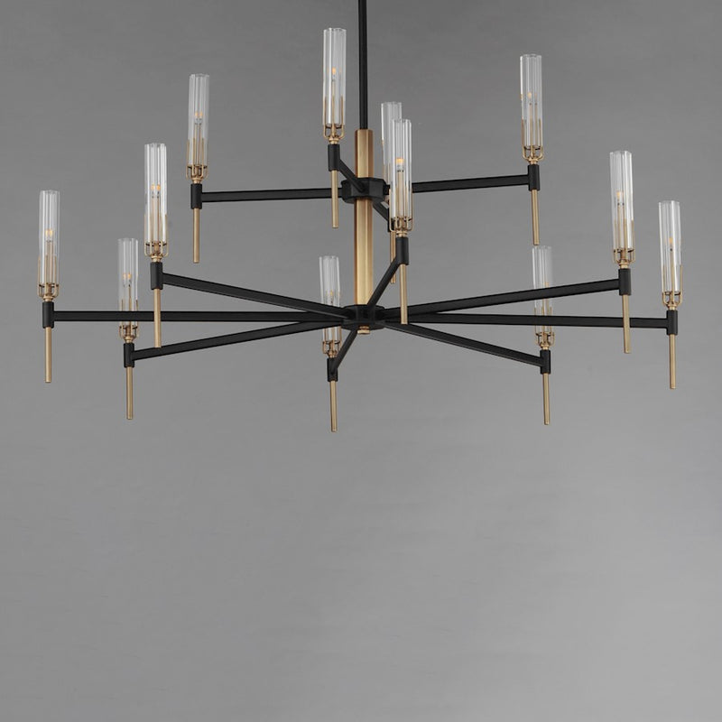 Maxim Flambeau 12 Light, 2 Tier Chandelier, Black/Brass/Clear