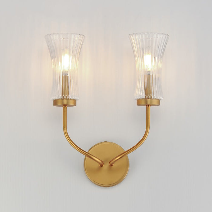 Maxim Lighting Camelot 2 Light Wall Sconce, Aged Brass/Clear Ribbed