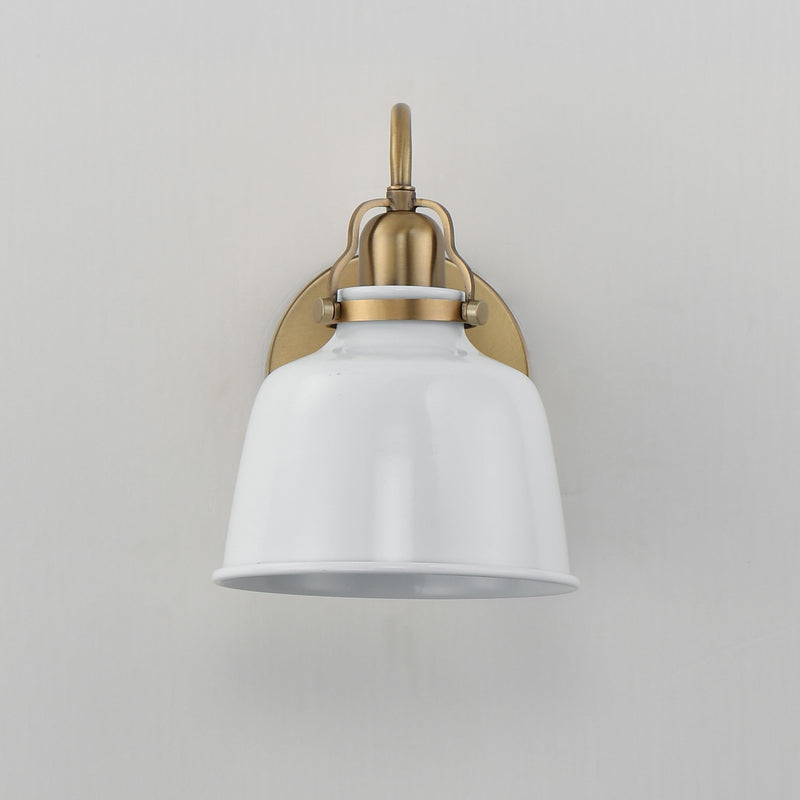 Maxim Hollis 9in 1-Light Wall Sconce | Farmhouse Natural Aged Brass and Glossy White Steel | Bathroom & Hallway | 6.75 x 9 in | Model 21421GWNAB