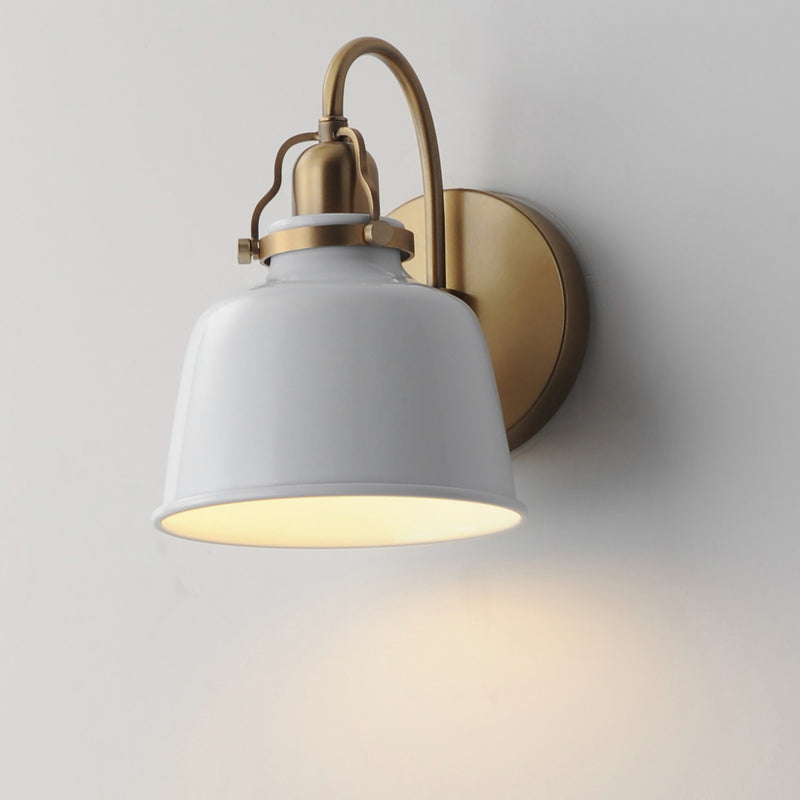 Maxim Hollis 9in 1-Light Wall Sconce | Farmhouse Natural Aged Brass and Glossy White Steel | Bathroom & Hallway | 6.75 x 9 in | Model 21421GWNAB