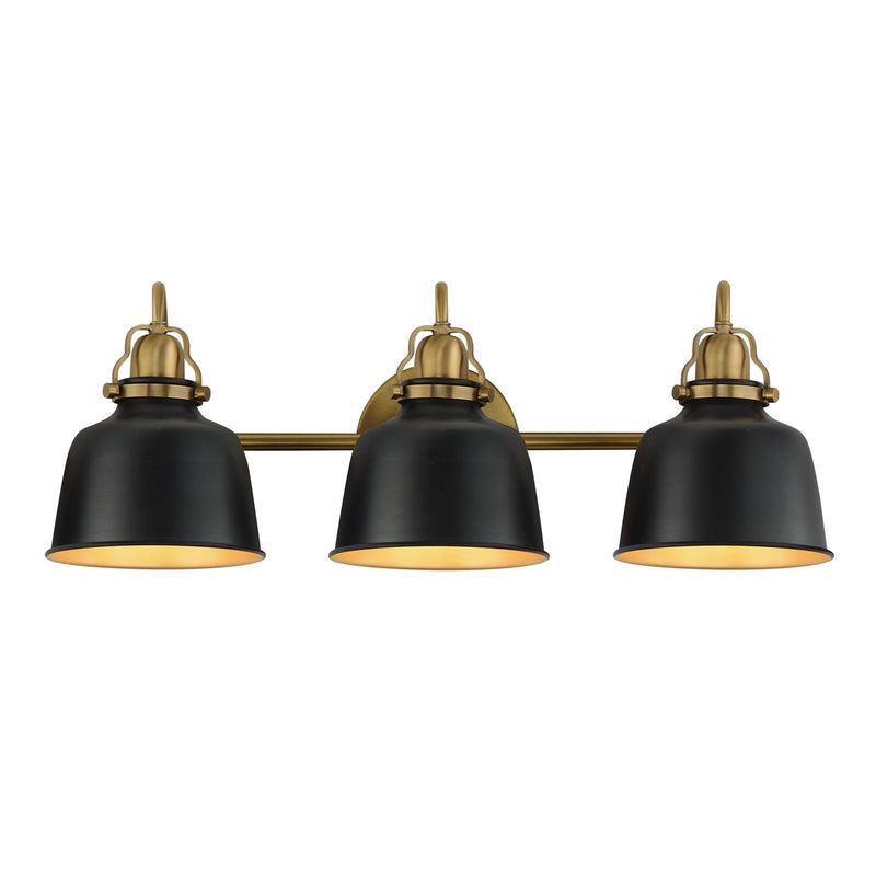 Maxim Hollis 24in 3-Light Wall Sconce | Farmhouse Natural Aged Brass and Glossy Black Steel | Bathroom & Hallway | 24 x 9 in | Model 21423BKNAB