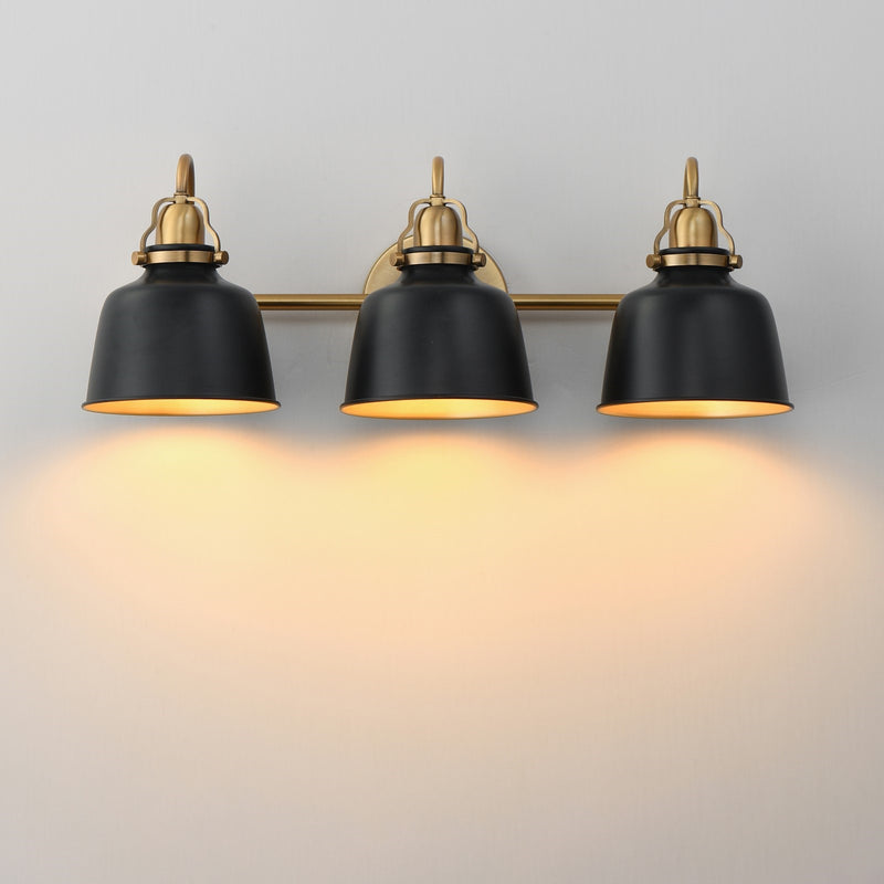 Maxim Hollis 24in 3-Light Wall Sconce | Farmhouse Natural Aged Brass and Glossy Black Steel | Bathroom & Hallway | 24 x 9 in | Model 21423BKNAB