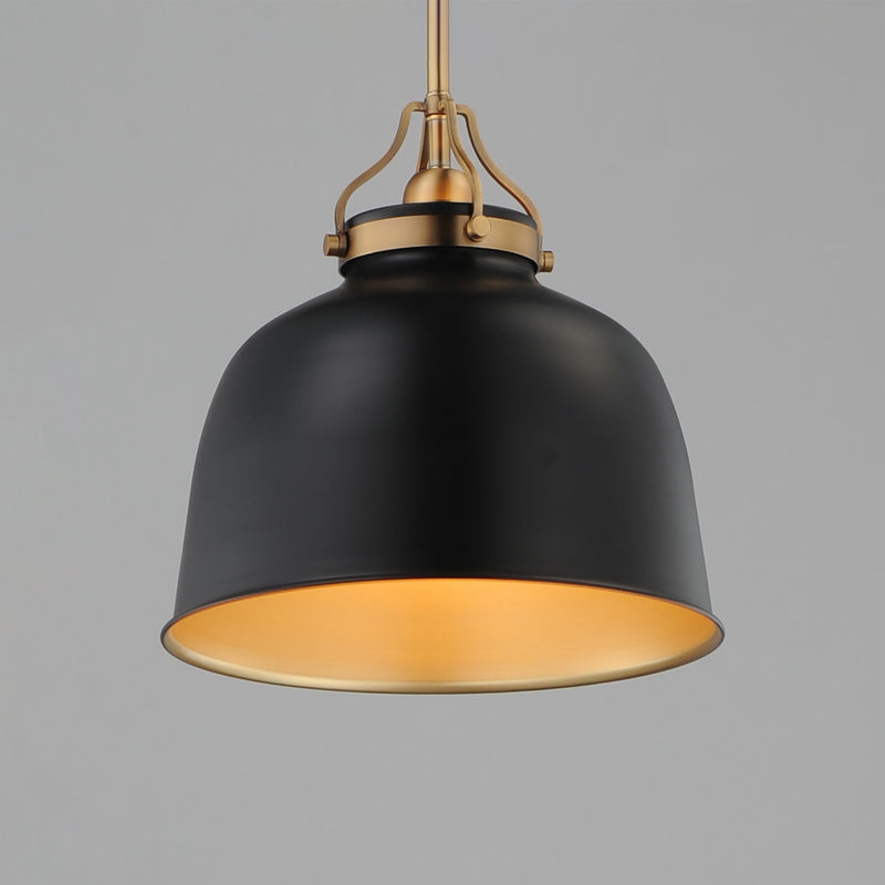 Maxim Lighting Hollis 12in 1-Light Pendant | Farmhouse Natural Aged Brass and Glossy Black Steel | Kitchen Island & Dining Room | Model 21424BKNAB