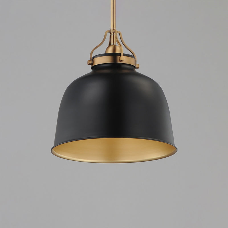 Maxim Lighting Hollis 12in 1-Light Pendant | Farmhouse Natural Aged Brass and Glossy Black Steel | Kitchen Island & Dining Room | Model 21424BKNAB