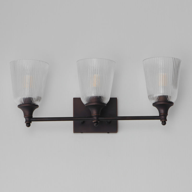 Maxim Lighting Julip 23in 3-Light Bath Vanity | Traditional Dark Bronze and Clear Ribbed Glass | Bathroom & Powder Room | Model 21543CRDBZ