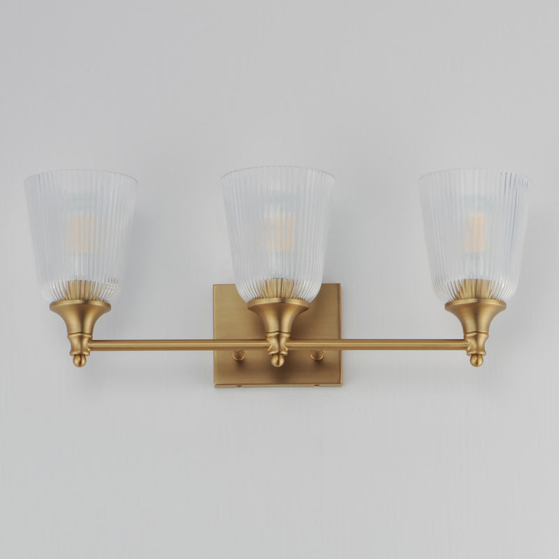 Maxim Lighting Julip 23in 3-Light Bath Vanity | Traditional Natural Aged Brass and Clear Ribbed Glass | Bathroom Vanity & Powder | Model 21543CRNAB