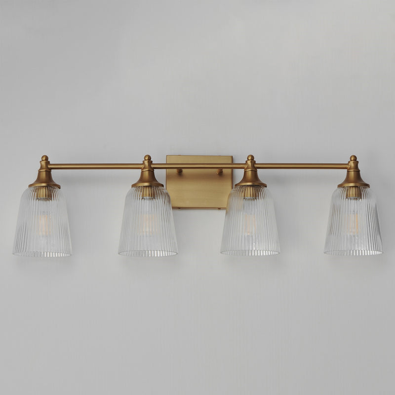Maxim Lighting Julip 32in 4-Light Bath Vanity | Traditional Natural Aged Brass and Clear Ribbed Glass | Bathroom Vanity & Powder | Model 21544CRNAB