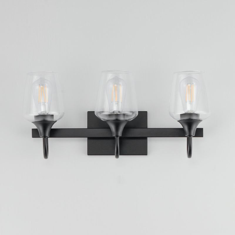 Maxim Lighting Goblet 20in 3-Light Vanity Light | Modern Black and Clear Glass | Bathroom Vanity & Powder Room | 20.25 x 8.75 in | Model 26133CLBK