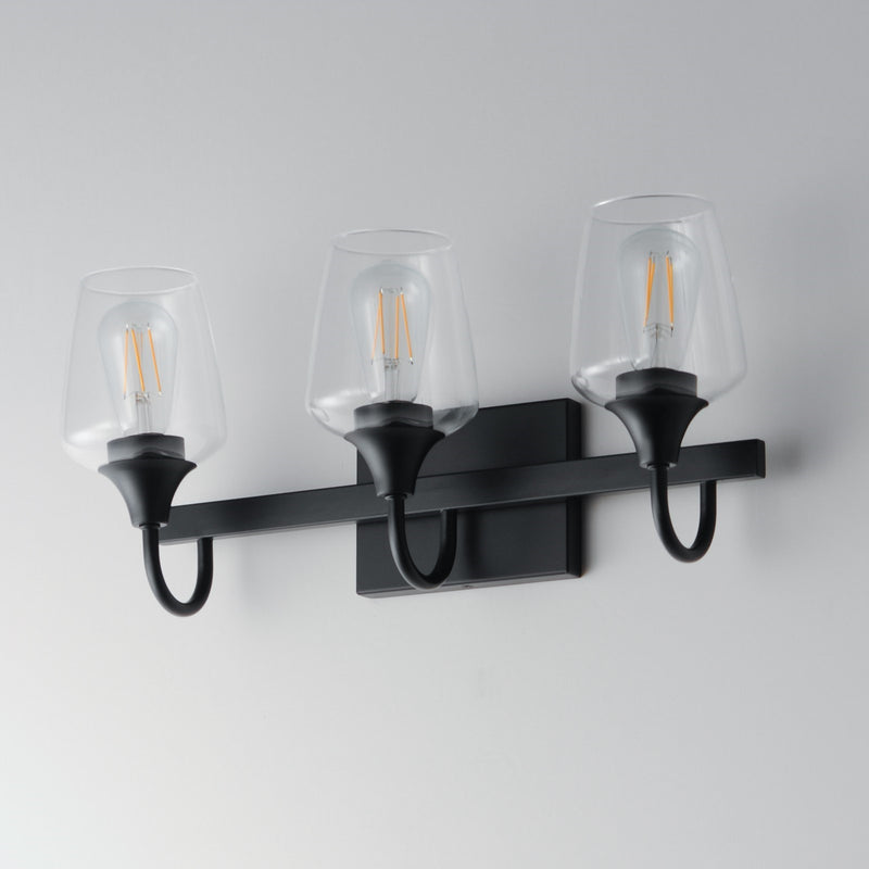 Maxim Lighting Goblet 20in 3-Light Vanity Light | Modern Black and Clear Glass | Bathroom Vanity & Powder Room | 20.25 x 8.75 in | Model 26133CLBK