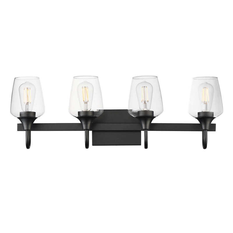 Maxim Lighting Goblet 28in 4-Light Vanity Light | Modern Black and Clear Glass | Bathroom Vanity & Powder Room | 28.25 x 8.75 in | Model 26134CLBK