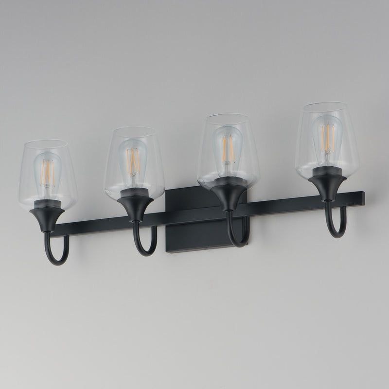 Maxim Lighting Goblet 28in 4-Light Vanity Light | Modern Black and Clear Glass | Bathroom Vanity & Powder Room | 28.25 x 8.75 in | Model 26134CLBK
