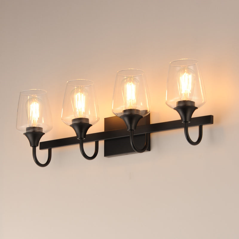 Maxim Lighting Goblet 28in 4-Light Vanity Light | Modern Black and Clear Glass | Bathroom Vanity & Powder Room | 28.25 x 8.75 in | Model 26134CLBK