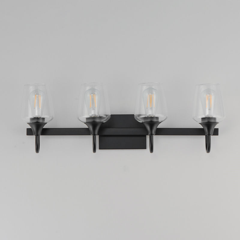 Maxim Lighting Goblet 28in 4-Light Vanity Light | Modern Black and Clear Glass | Bathroom Vanity & Powder Room | 28.25 x 8.75 in | Model 26134CLBK