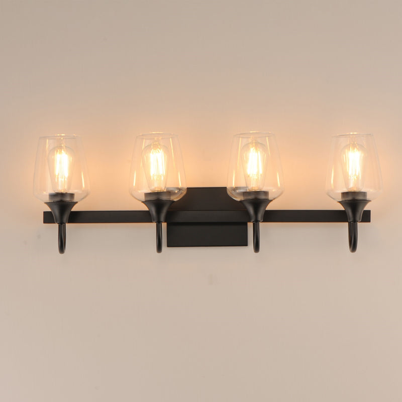 Maxim Lighting Goblet 28in 4-Light Vanity Light | Modern Black and Clear Glass | Bathroom Vanity & Powder Room | 28.25 x 8.75 in | Model 26134CLBK