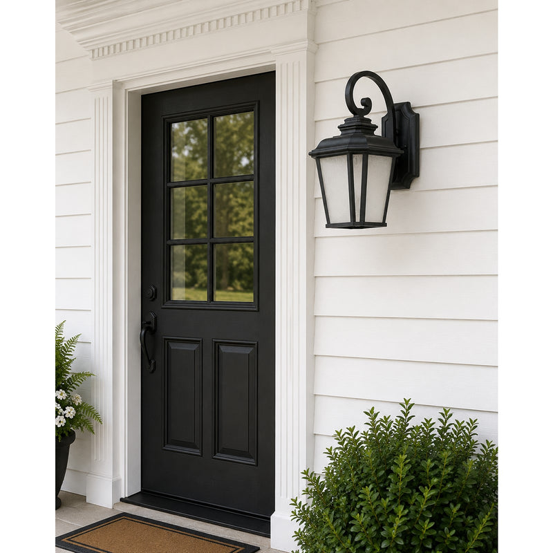 Maxim Radcliffe 11in 1-Light Outdoor Wall Light | Early American Black Oxide and Weathered Frost Glass | Covered Patio & Entryway | Model 3344WFBO