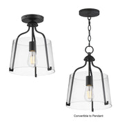 Maxim Bellmore 11in 1-Light Convertible Pendant Semi-Flush | Traditional Matte Black and Clear Glass | Foyer & Entryway | Model 5681CLBK