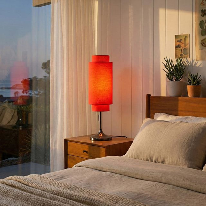 Nova California Lollipop 31in 1-Light Table Lamp | Mid-Century Modern Black Nickel and Crimson Red Linen | Bedroom & Office Accent | Model 1011803BN